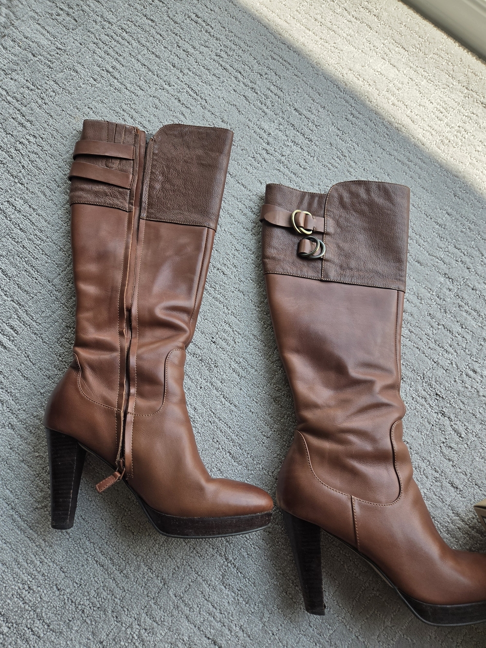 Cole Haan Brown Leather Knee-High Heeled Boots with Buckle Detail